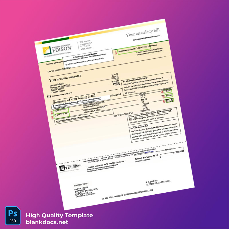 United States Southern California Edison Editable Electricity Bill Template in Word and PDF formats
