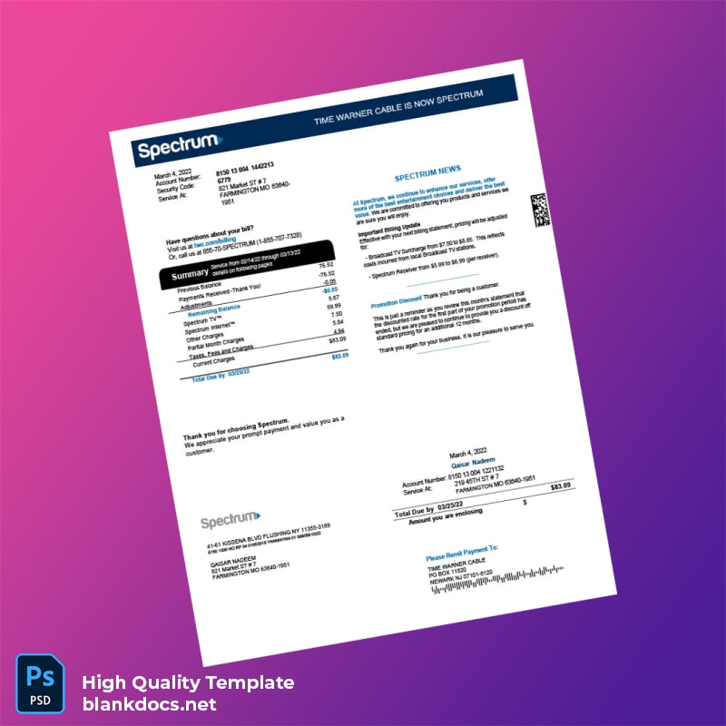 United States Spectrum Editable Bank Statement Template in Word and PDF formats