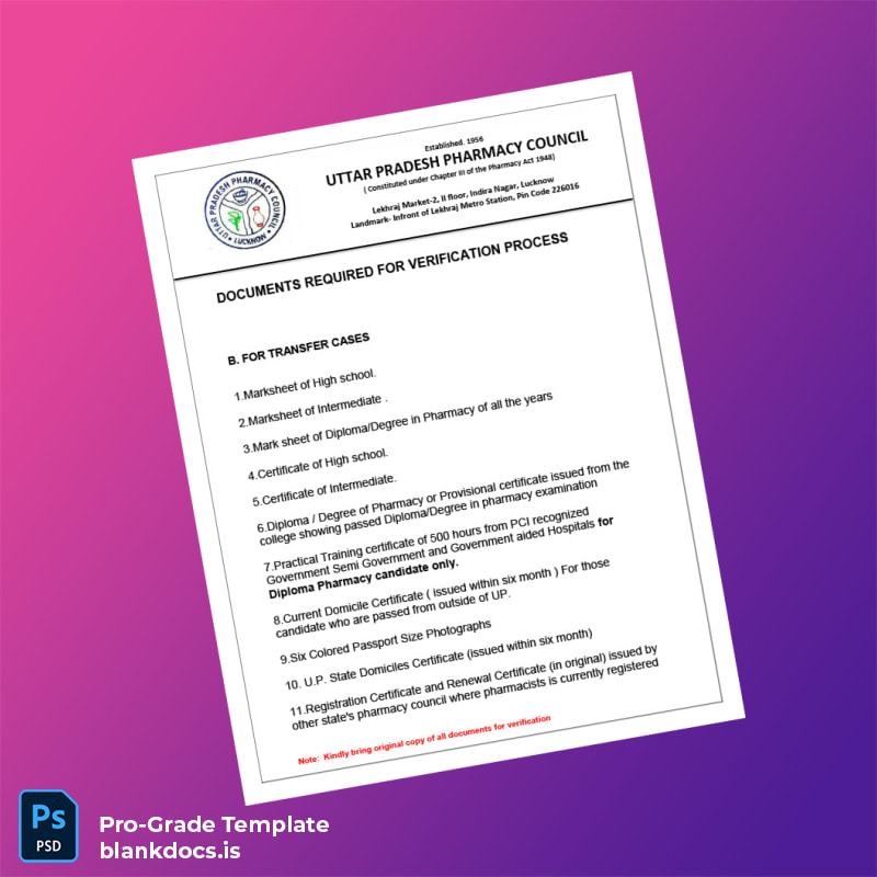 Blank Uttar Pradesh Pharmacy Council Registration Certificate Template in Word and PDF formats page 2 Document Preview