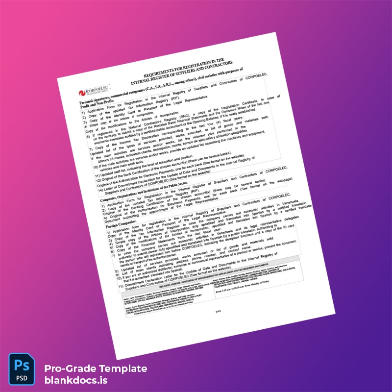 Blank Venezuela CORPOELEC Registration Certificate Template in Word and PDF formats page 2 Document Preview - BlankDocs