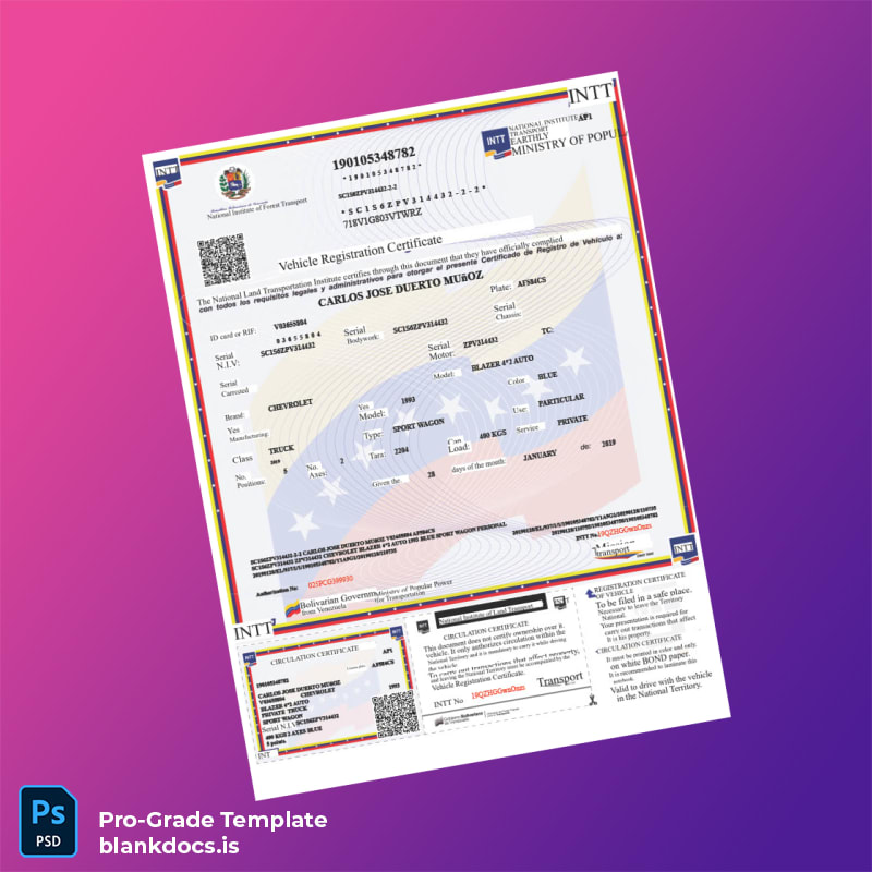 Blank Venezuela National Institute of Land Transportation Vehicle Registration Certificate Template in Word and PDF formats page 2 Document Preview