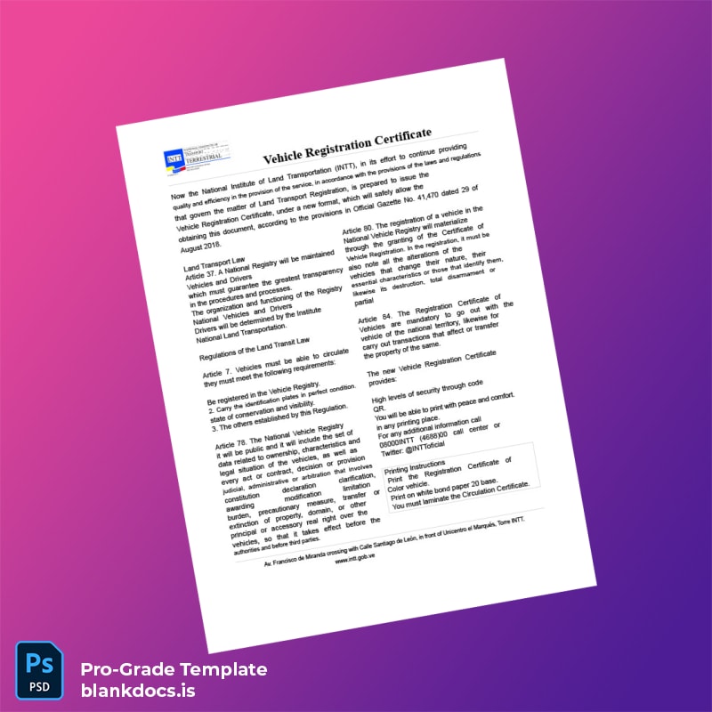 Blank Venezuela National Institute of Land Transportation Vehicle Registration Certificate Template (Word/PDF) Document Preview