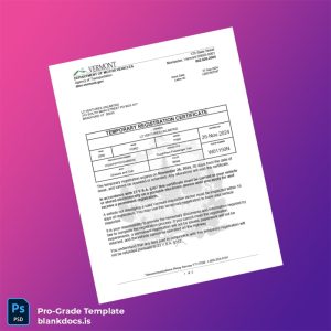 Blank Vermont Temporary Registration Certificate Template (Word/PDF) Document Preview - BlankDocs