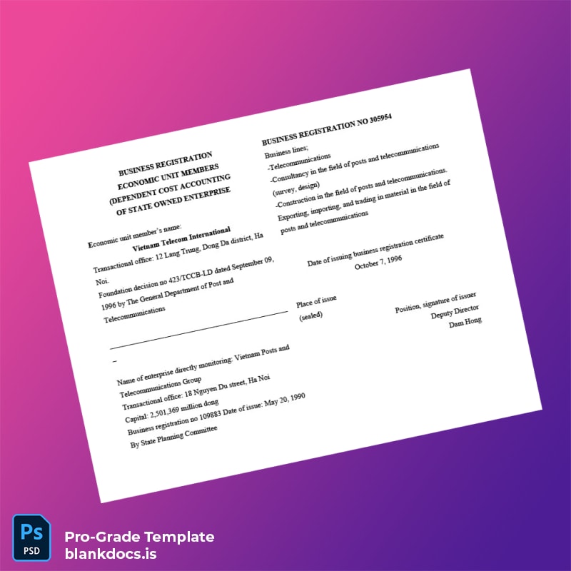 Blank Vietnam Business Registration Certificate Template (Word/PDF) Document Preview - BlankDocs