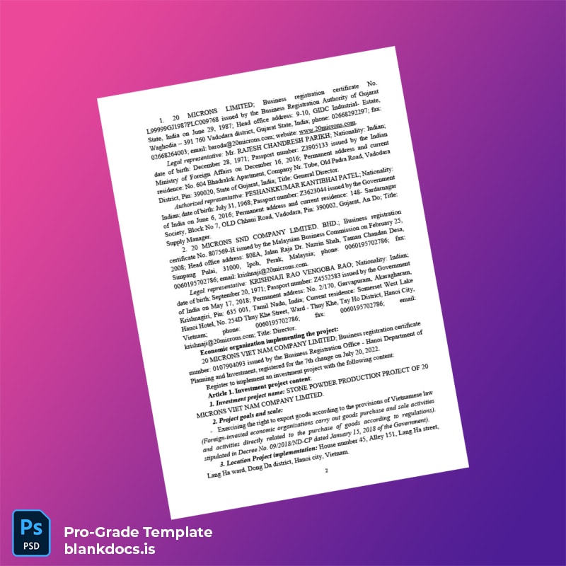 Blank Vietnam Investment Registration Certificate Template in Word and PDF formats page 2 Document Preview