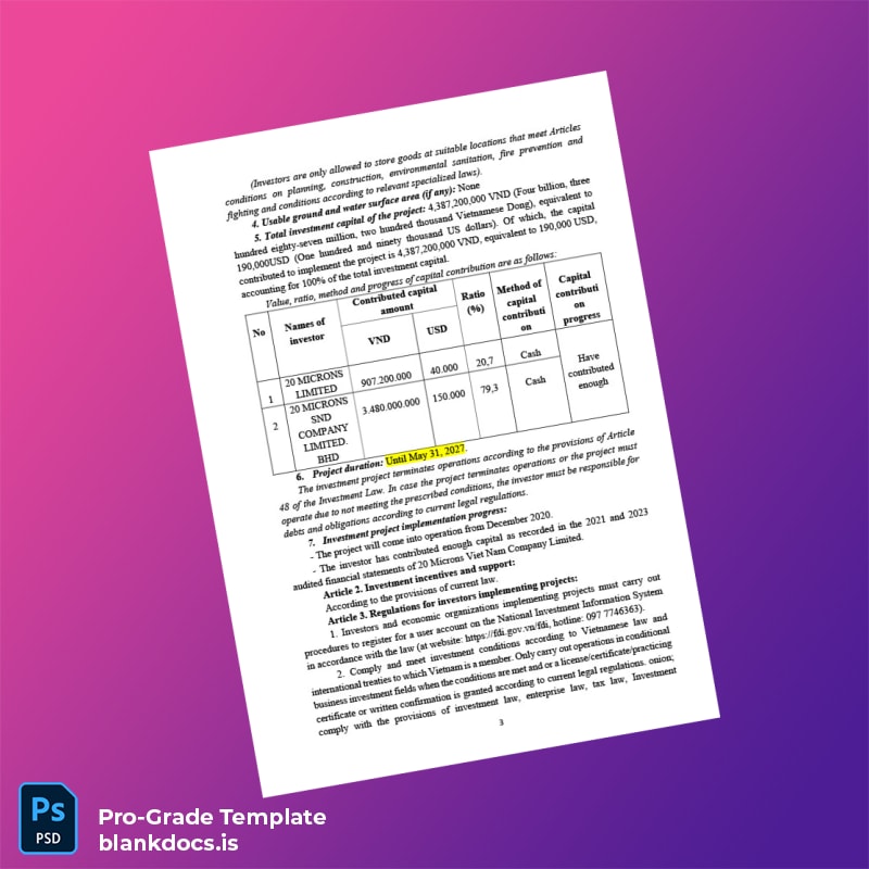 Blank Vietnam Investment Registration Certificate Template in Word and PDF formats page 3 Document Preview