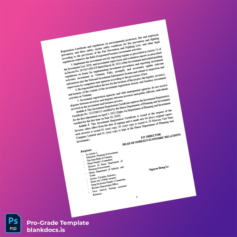 Blank Vietnam Investment Registration Certificate Template in Word and PDF formats page 4 Document Preview
