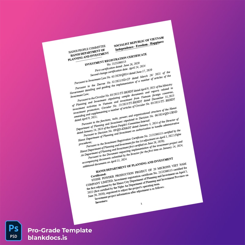 Blank Vietnam Investment Registration Certificate Template (Word/PDF) Document Preview