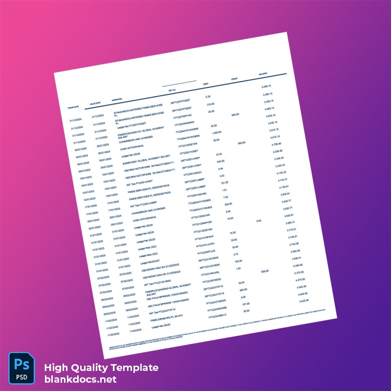 Zimbabwe Nostro FCA Domestic Retail Bank Bank Statement Template in Word and PDF formats page 2