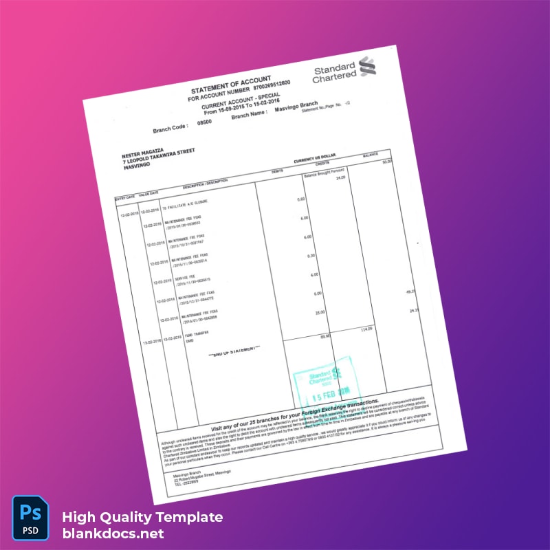 Zimbabwe Standard Chartered Bank Statement Template in Word and PDF formats page 2