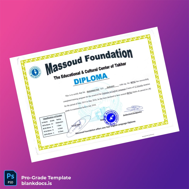 Blank Afghanistan Massoud Foundation English Language Diploma Template Document Preview - BlankDocs