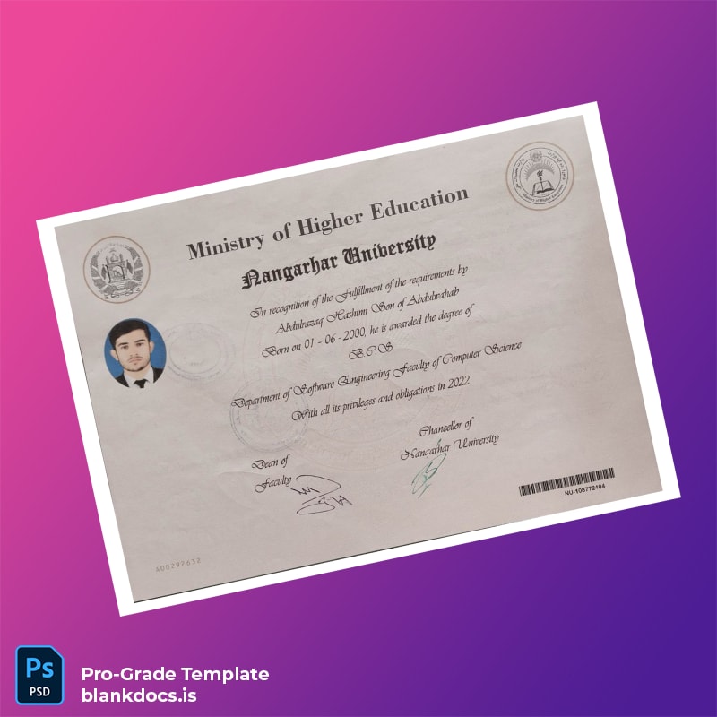 Blank Afghanistan Nangarhar University Bachelor's Degree in Software Engineering Template Document Preview - BlankDocs