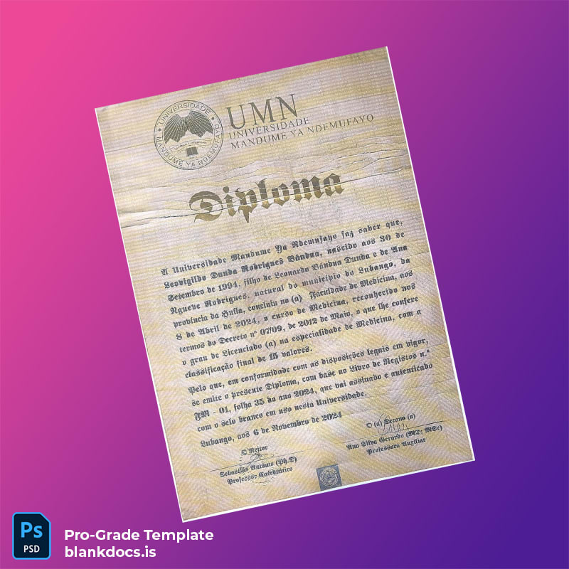 Blank Angola Universidade Mandume Ya Ndemufayo Bachelor of Medicine Diploma Template Document Preview - BlankDocs
