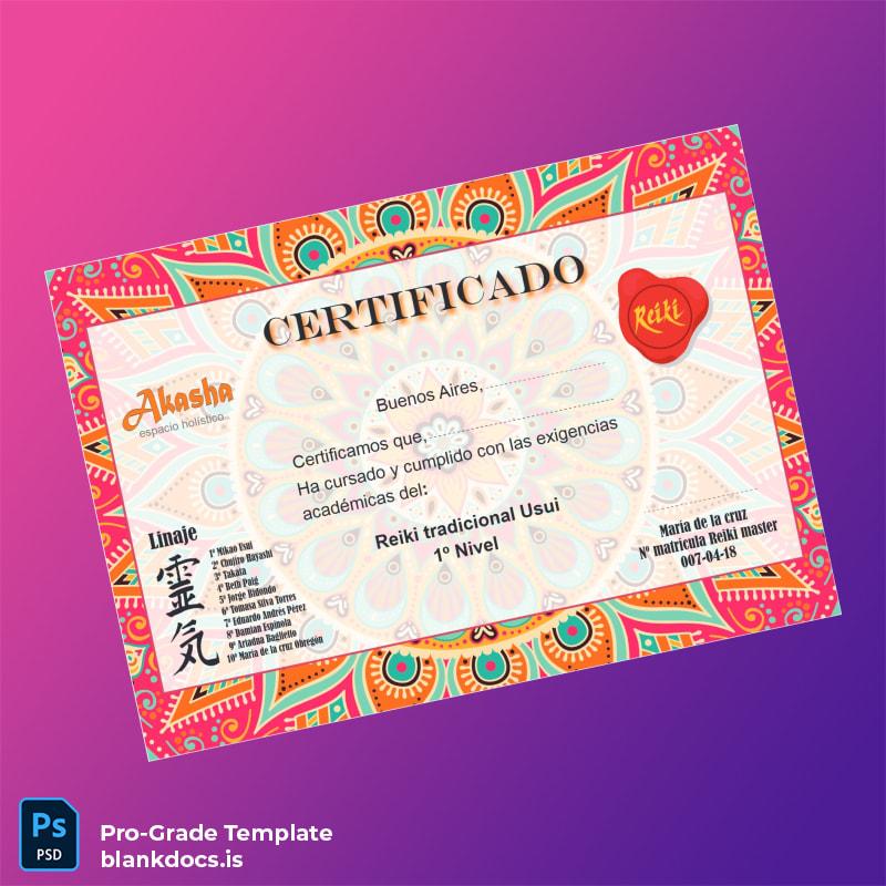 Blank Argentina Akasha Reiki Traditional 1st Level Certificate Template Document Preview - BlankDocs
