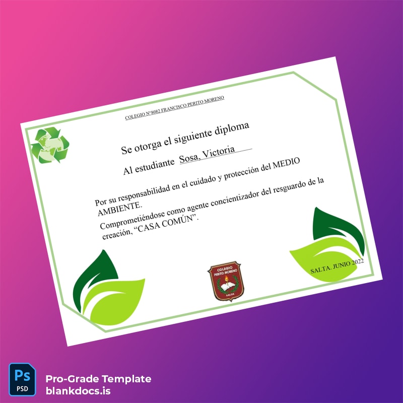 Blank Argentina Colegio N°8982 Perito Moreno Diploma in Environmental Care Template Document Preview - BlankDocs