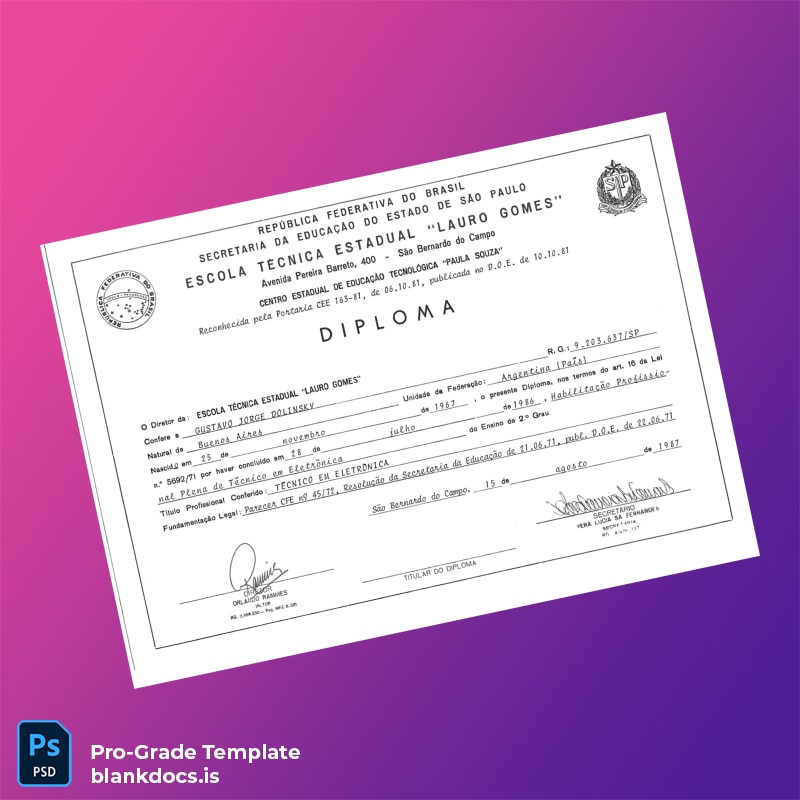 Blank Argentina Escola Técnica Estadual _Auro Gomes_ Technical Diploma in Electronics Template Document Preview - BlankDocs