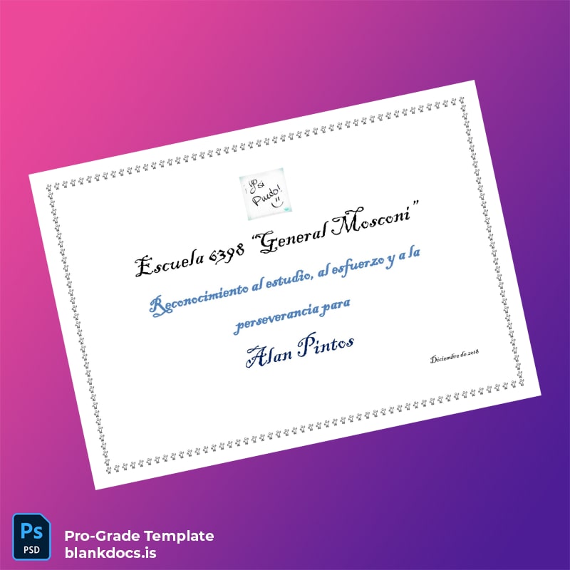 Blank Argentina Escuela 6398 General Mosconi Recognition Diploma Template Document Preview - BlankDocs