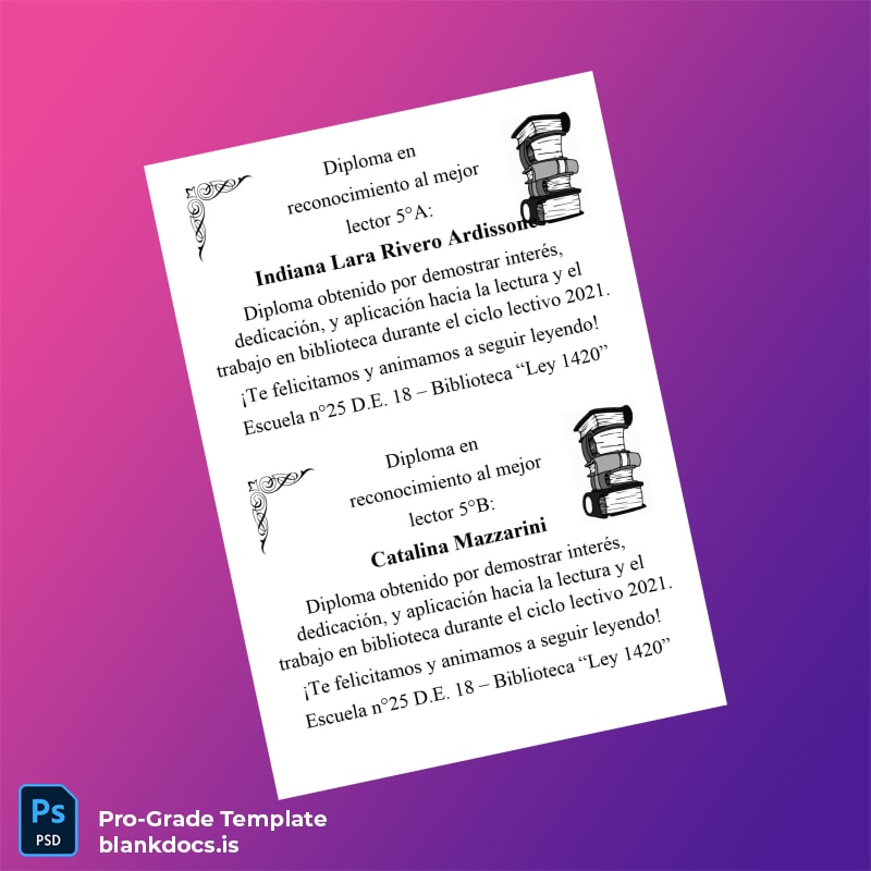 Blank Argentina Escuela N°25 Diploma for Best Reader page 3 Document Preview - BlankDocs