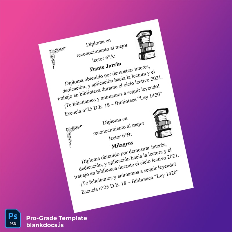 Blank Argentina Escuela N°25 Diploma for Best Reader page 4 Document Preview - BlankDocs