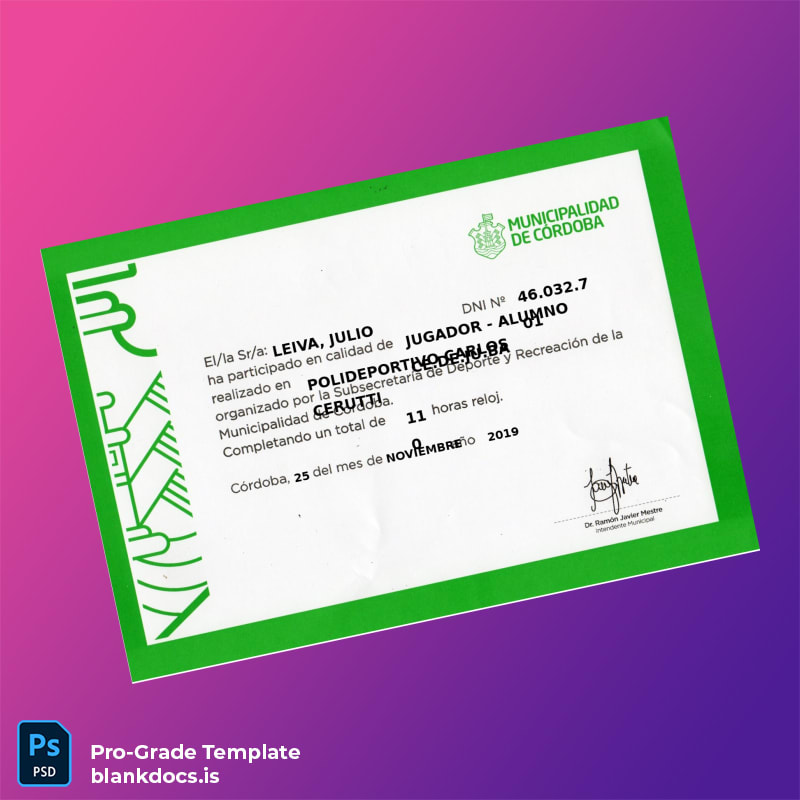 Blank Argentina Municipality of Córdoba Participation Certificate Template Document Preview - BlankDocs