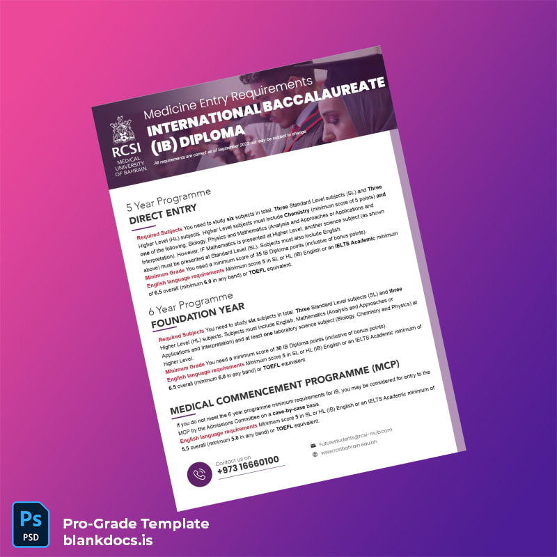 Blank Bahrain RCSI Medical University Bachelor of International Baccalaureate Diploma Document Preview - BlankDocs