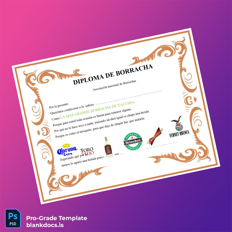 Blank Bolivia Asociación Nacional de Borrachas Diploma de Drunkard Template Document Preview - BlankDocs