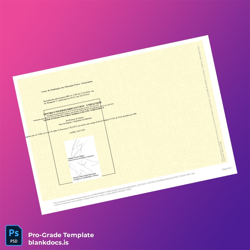 Blank Brazil Centro Universitário Facvest UNIFACVEST Bachelor of Physical Education Degree Certificate page 2 Document Preview - BlankDocs