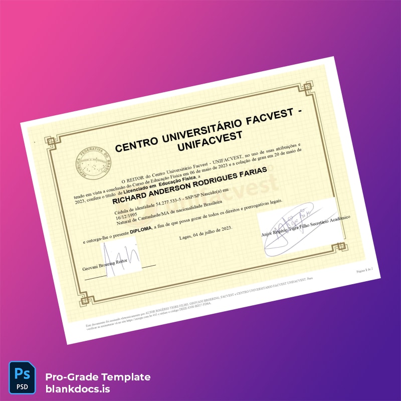 Blank Brazil Centro Universitário Facvest UNIFACVEST Bachelor of Physical Education Degree Certificate Document Preview - BlankDocs