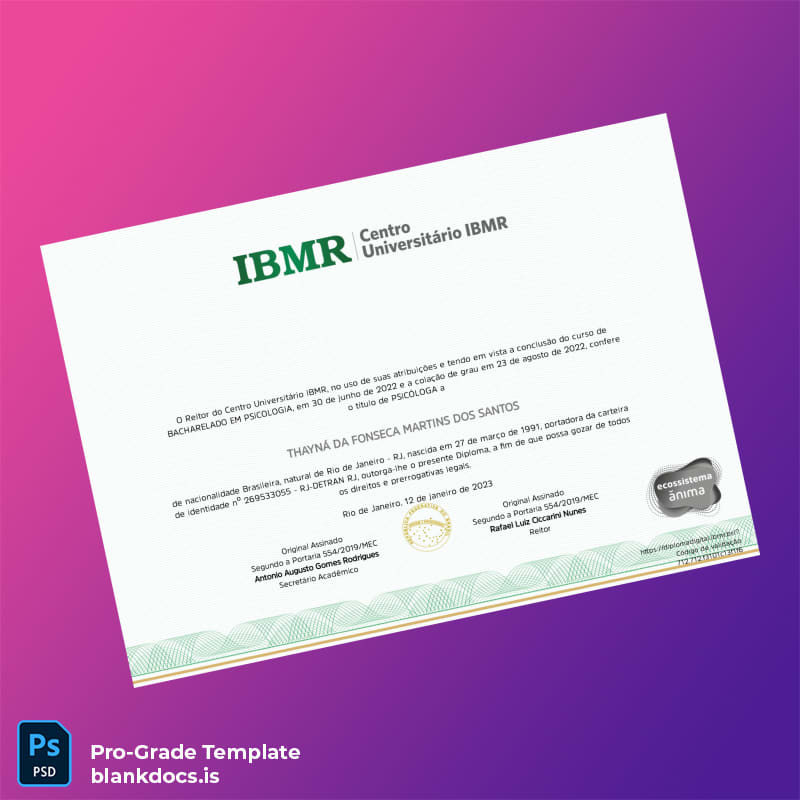 Blank Brazil Centro Universitário IBMR Bachelor of Psychology Degree Template Document Preview - BlankDocs