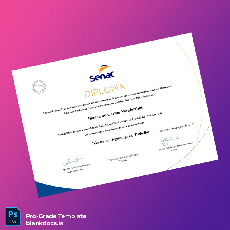 Blank Brazil Senac São Paulo Technical Certificate in Work Safety Template Document Preview - BlankDocs