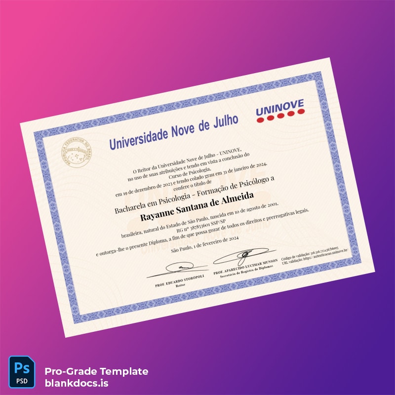 Blank Brazil Universidade Nove de Julho Bachelor of Psychology Template Document Preview - BlankDocs