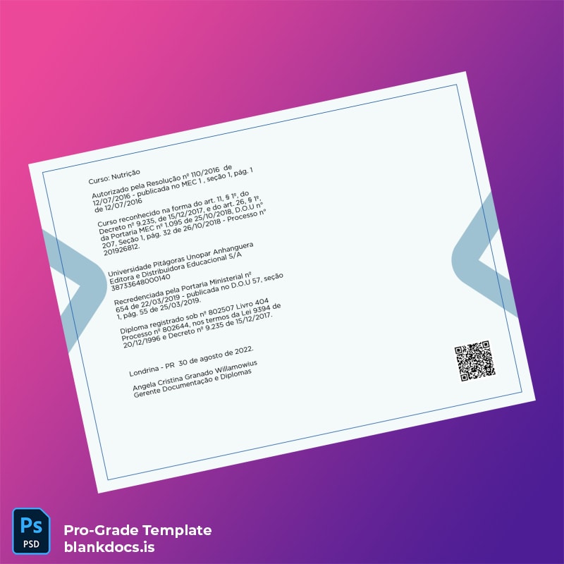 Blank Brazil Universidade Pitágoras Bachelor of Nutrition Diploma Template page 2 Document Preview - BlankDocs