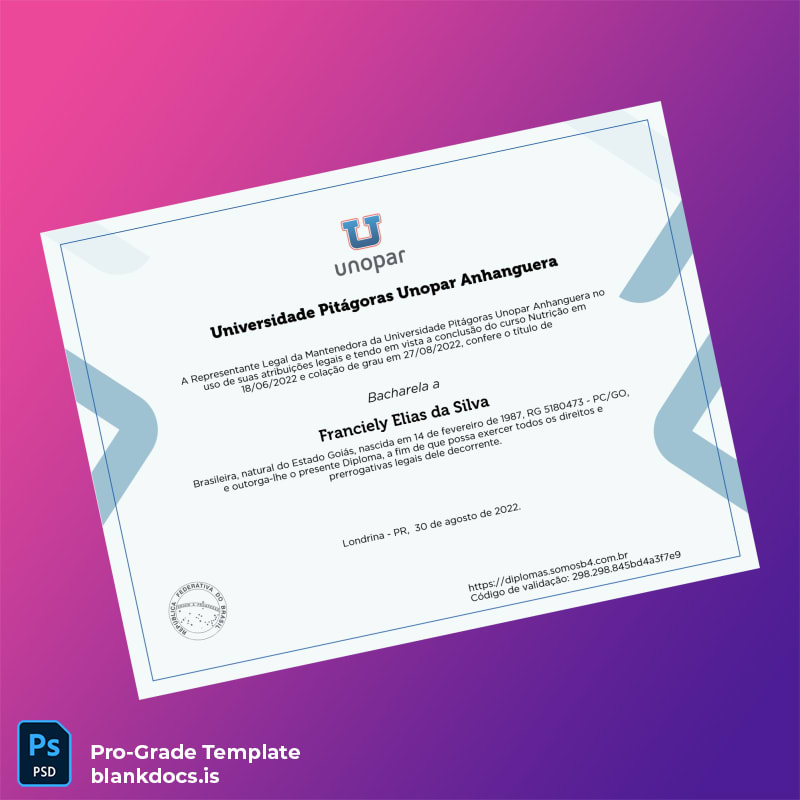 Blank Brazil Universidade Pitágoras Bachelor of Nutrition Diploma Template Document Preview - BlankDocs