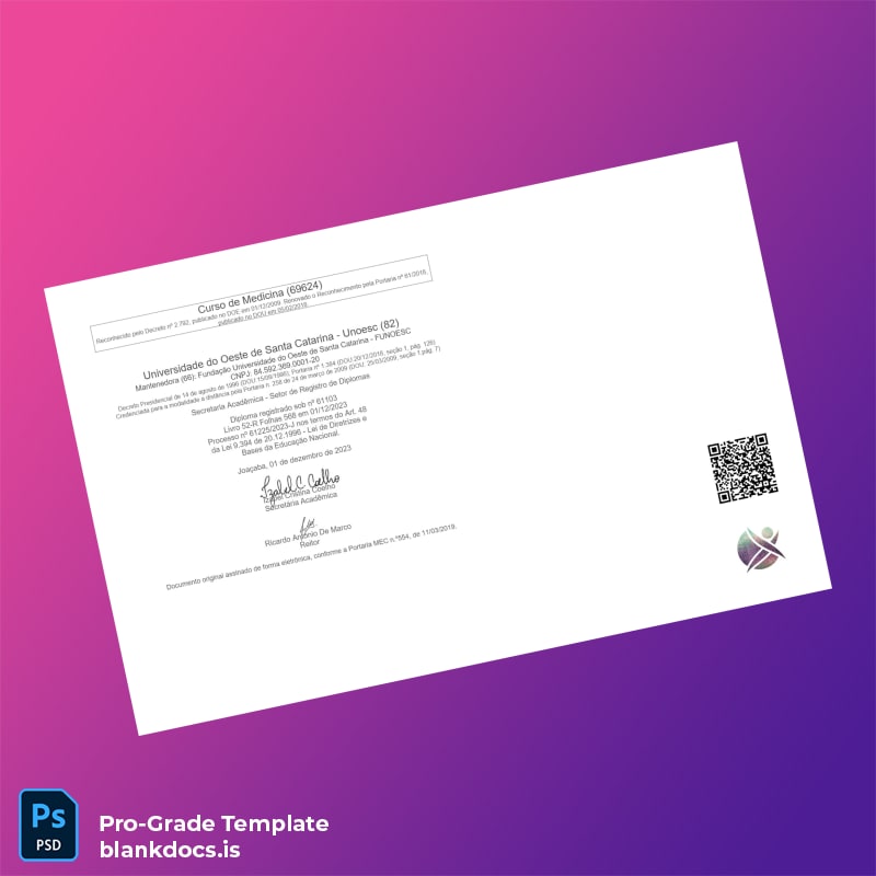 Blank Brazil Universidade do Oeste de Santa Catarina Bachelor of Medicine Diploma page 2 Document Preview - BlankDocs