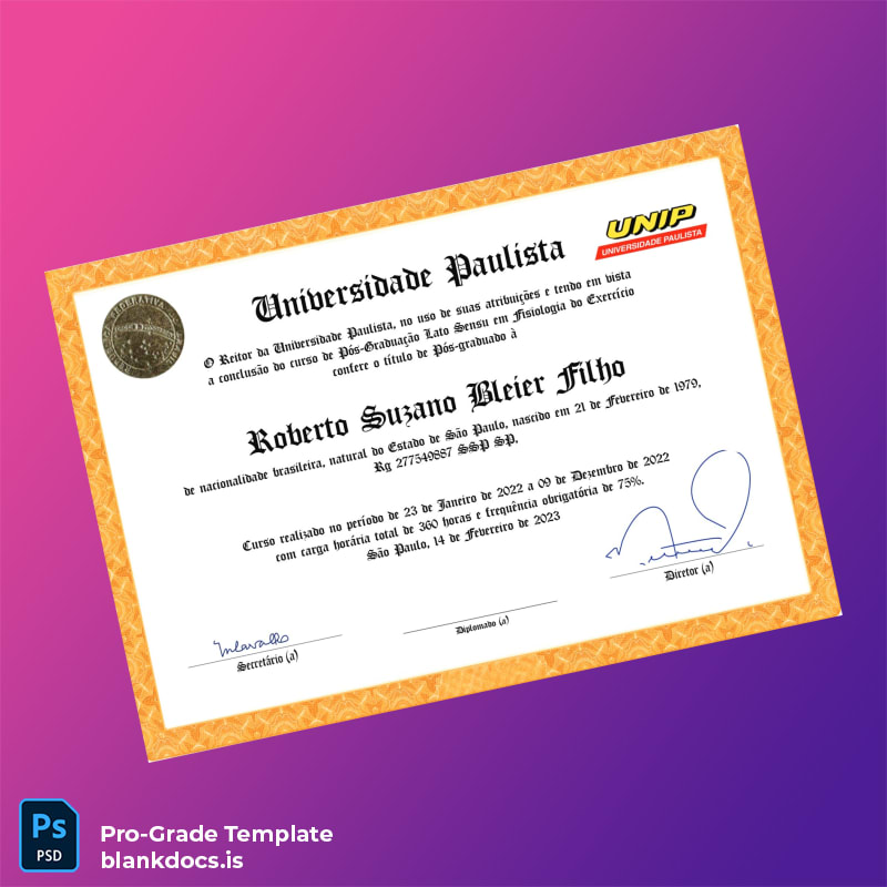 Blank Brazil University Paulista Postgraduate Diploma in Physiology Document Preview - BlankDocs