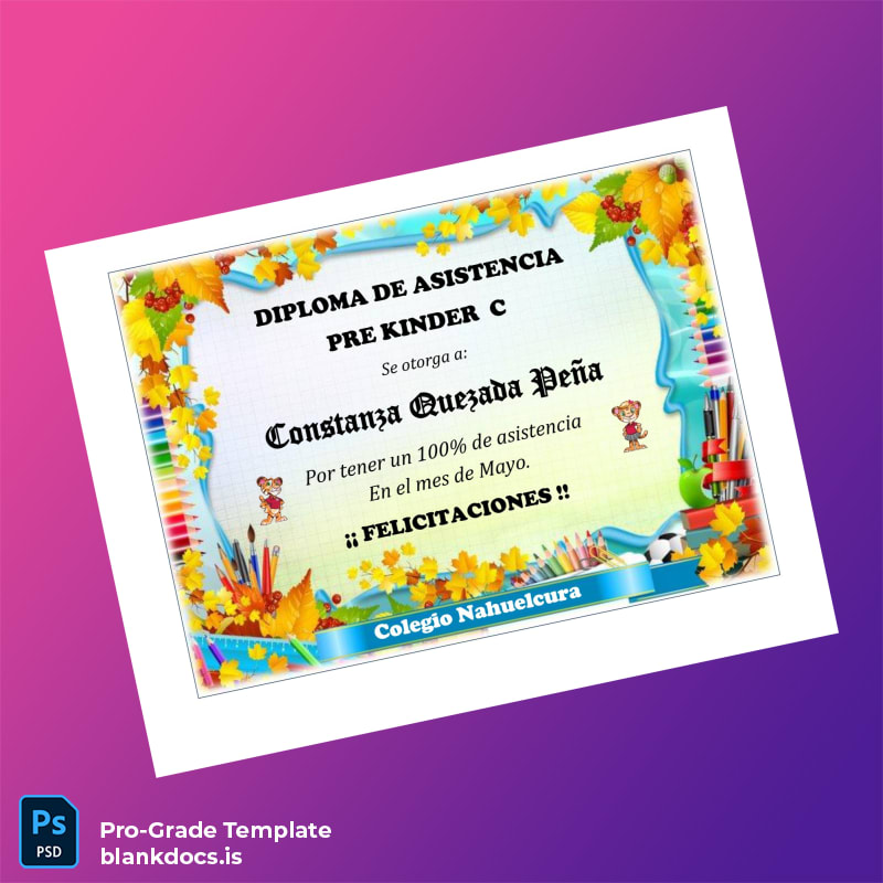 Blank Chile Colegio Nahuelcura Attendance Diploma Document Preview - BlankDocs