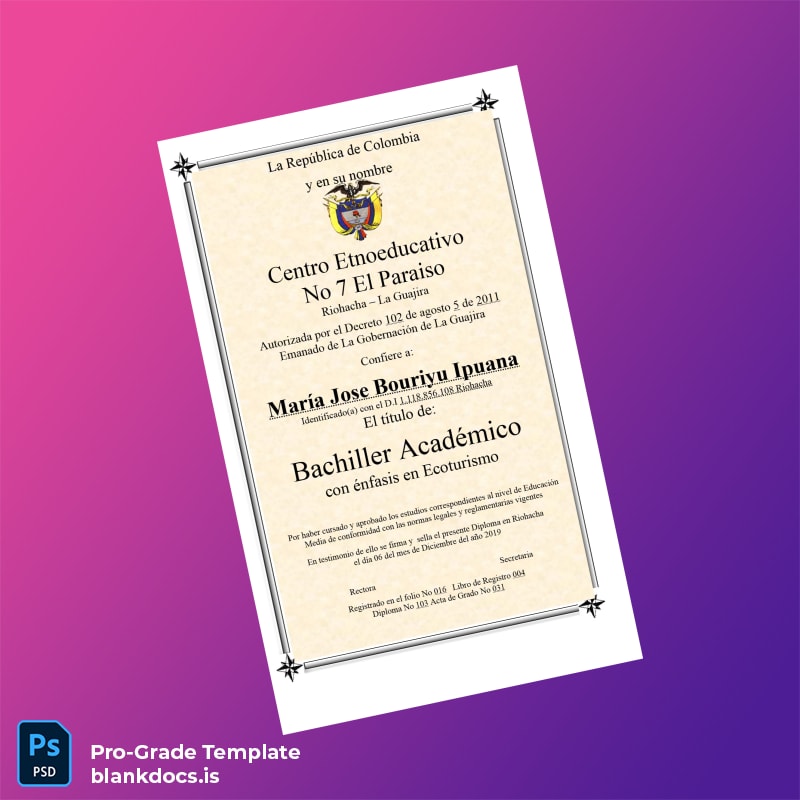 Blank Colombia Centro Etnoeducativo No 7 El Paraiso High School Diploma with Emphasis in Ecotourism Document Preview - BlankDocs