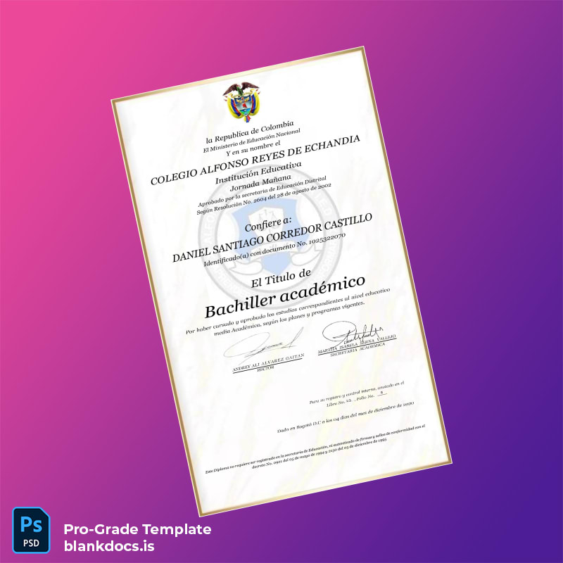 Blank Colombia Colegio Alfonso Reyes de Echan dia High School Diploma Document Preview - BlankDocs