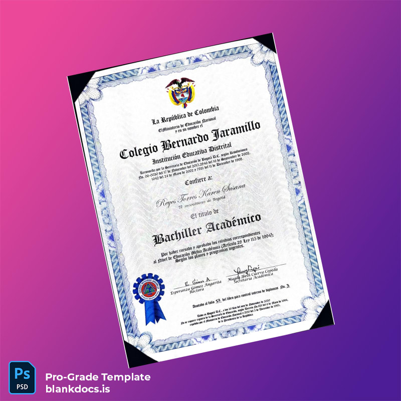 Blank Colombia Colegio Bernardo Jaramillo High School Diploma Template Document Preview - BlankDocs