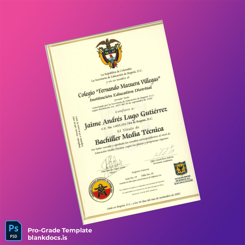 Blank Colombia Colegio Fernando Mazuera Villegas High School Diploma Document Preview - BlankDocs