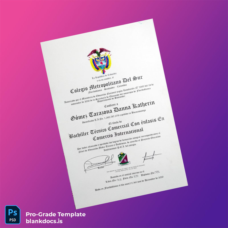 Blank Colombia Colegio Metropolitano del Sur Bachelor of Technical Commercial Education with Emphasis in International Business Diploma page 2 Document Preview - BlankDocs