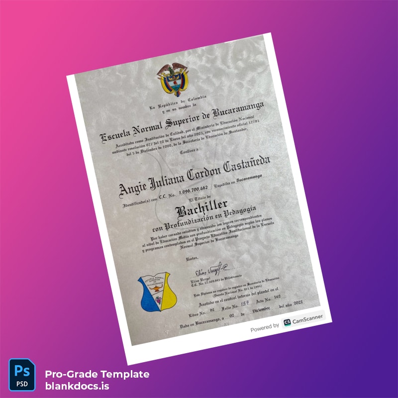 Blank Colombia Escuela Normal Superior de Bucaramanga High School Diploma Document Preview - BlankDocs