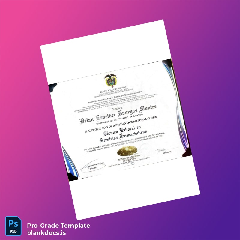 Blank Colombia INTEC CARTAGENA Technical Certificate in Pharmaceutical Services Document Preview - BlankDocs