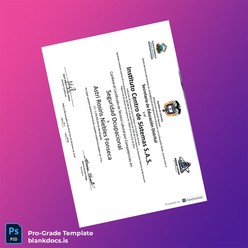 Blank Colombia Instituto Centro de Sistemas S.A.S. Technical Labor Certificate Document Preview - BlankDocs