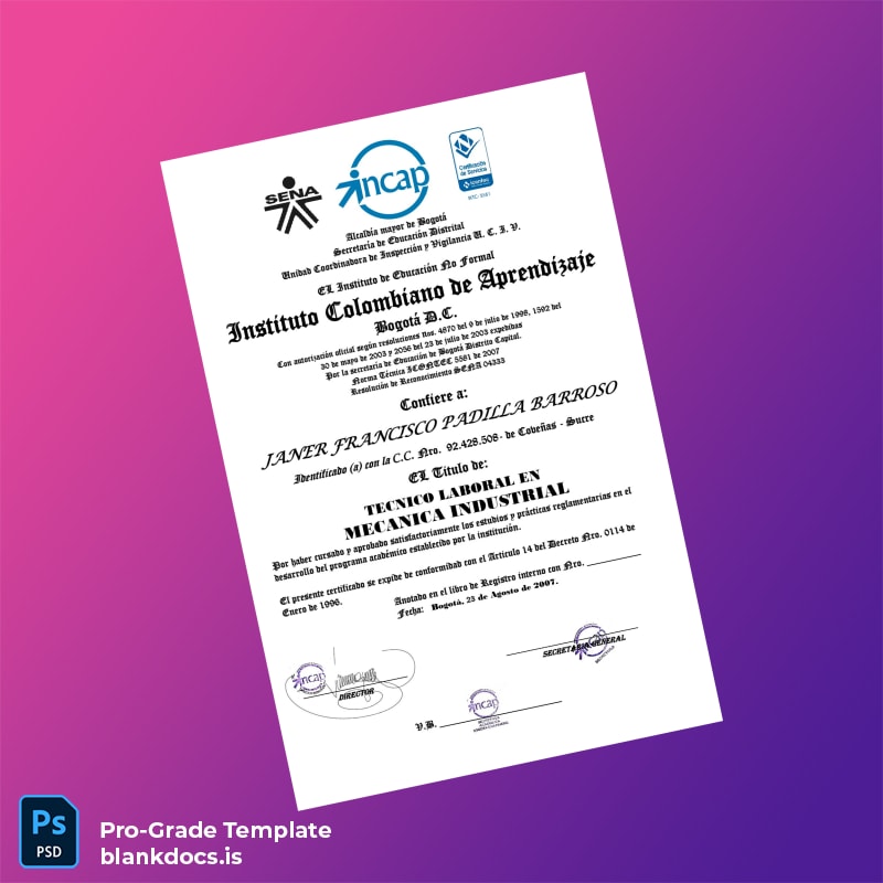 Blank Colombia Instituto Colombiano de Aprendizaje Técnico Laboral en Mecánica Industrial Template Document Preview - BlankDocs