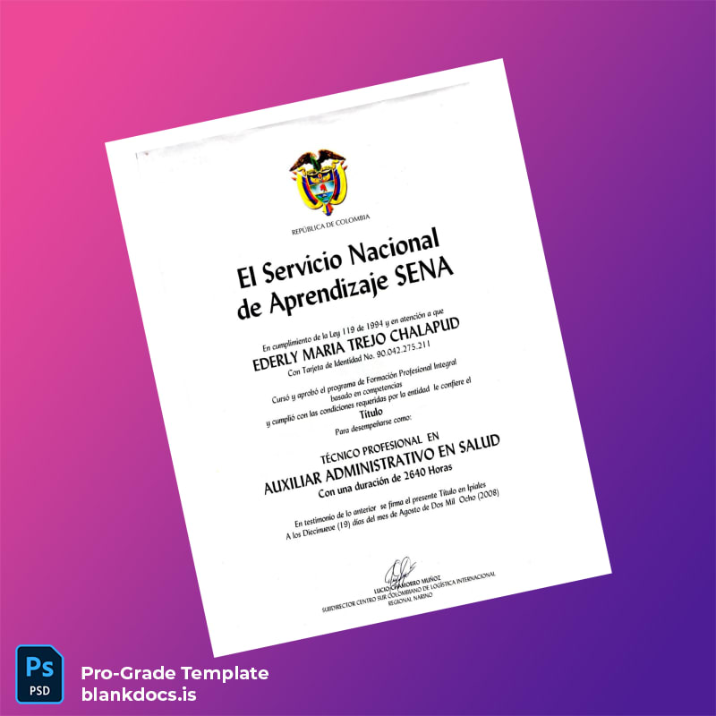 Blank Colombia SENA Professional Technician in Administrative Assistance in Health Certificate Document Preview - BlankDocs