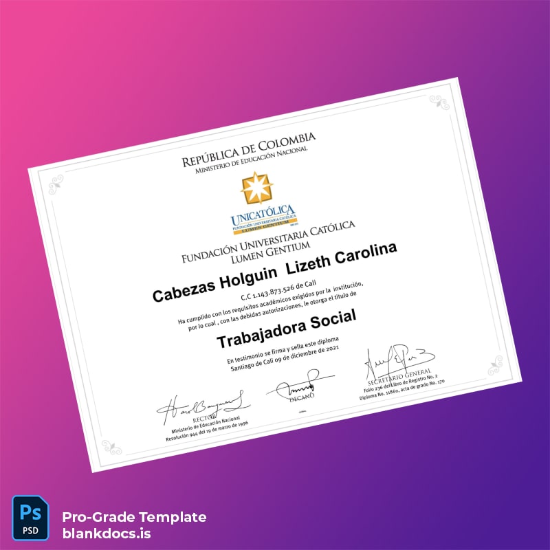 Blank Colombia Unicatólica Social Worker Diploma Document Preview - BlankDocs