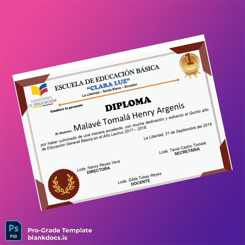 Blank Ecuador Escuela de Educación Básica Clara Luz High School Diploma page 3 Document Preview - BlankDocs