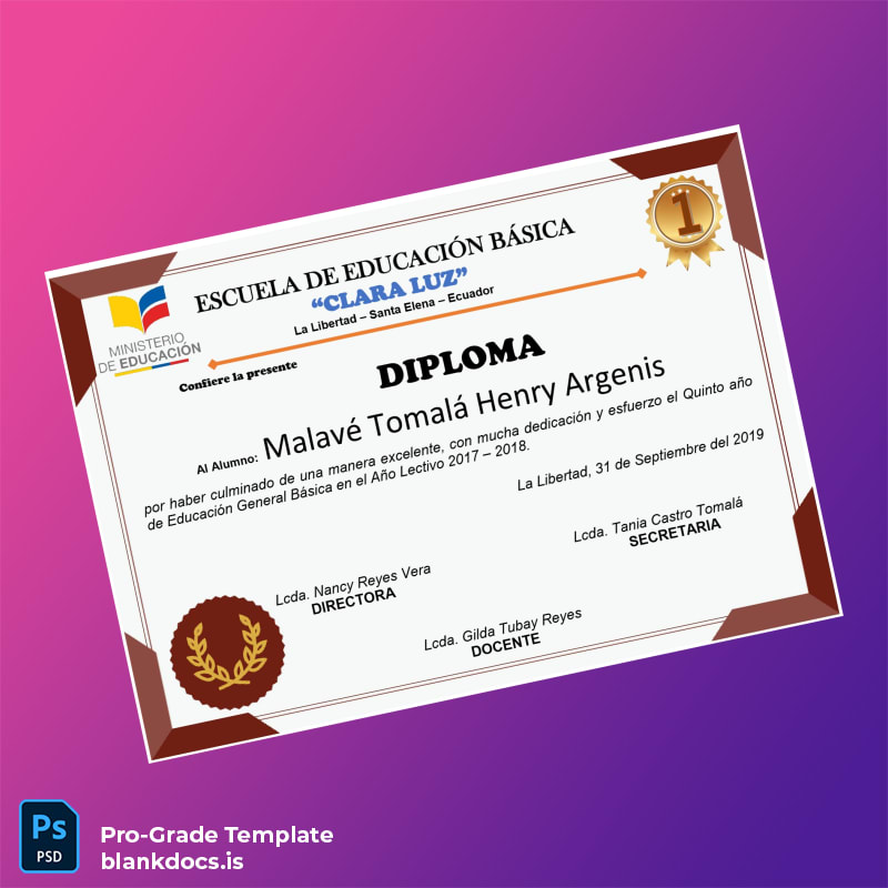 Blank Ecuador Escuela de Educación Básica Clara Luz High School Diploma Document Preview - BlankDocs
