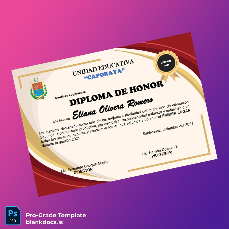 Blank Ecuador Unidad Educativa _Caporaya_ Honor Diploma Document Preview - BlankDocs